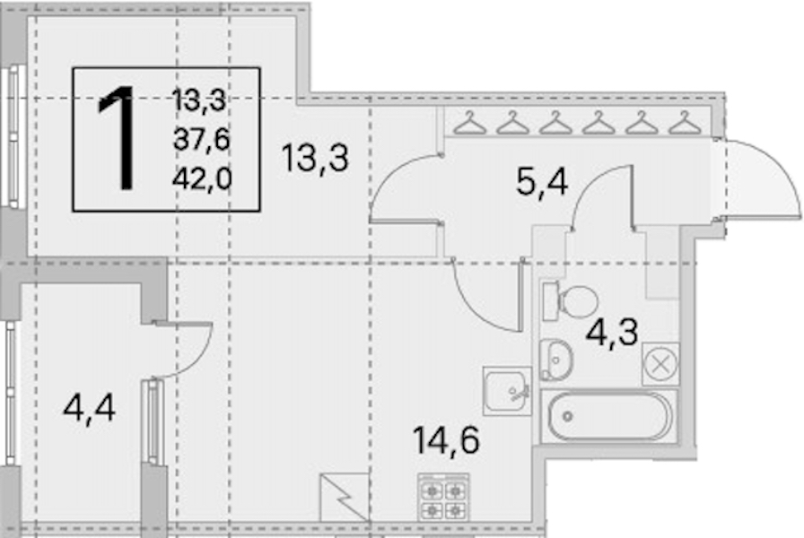 1-комнатная квартира 37.6 м², 2/5 эт., ЖК «ЮгТаун. Олимпийские кварталы»